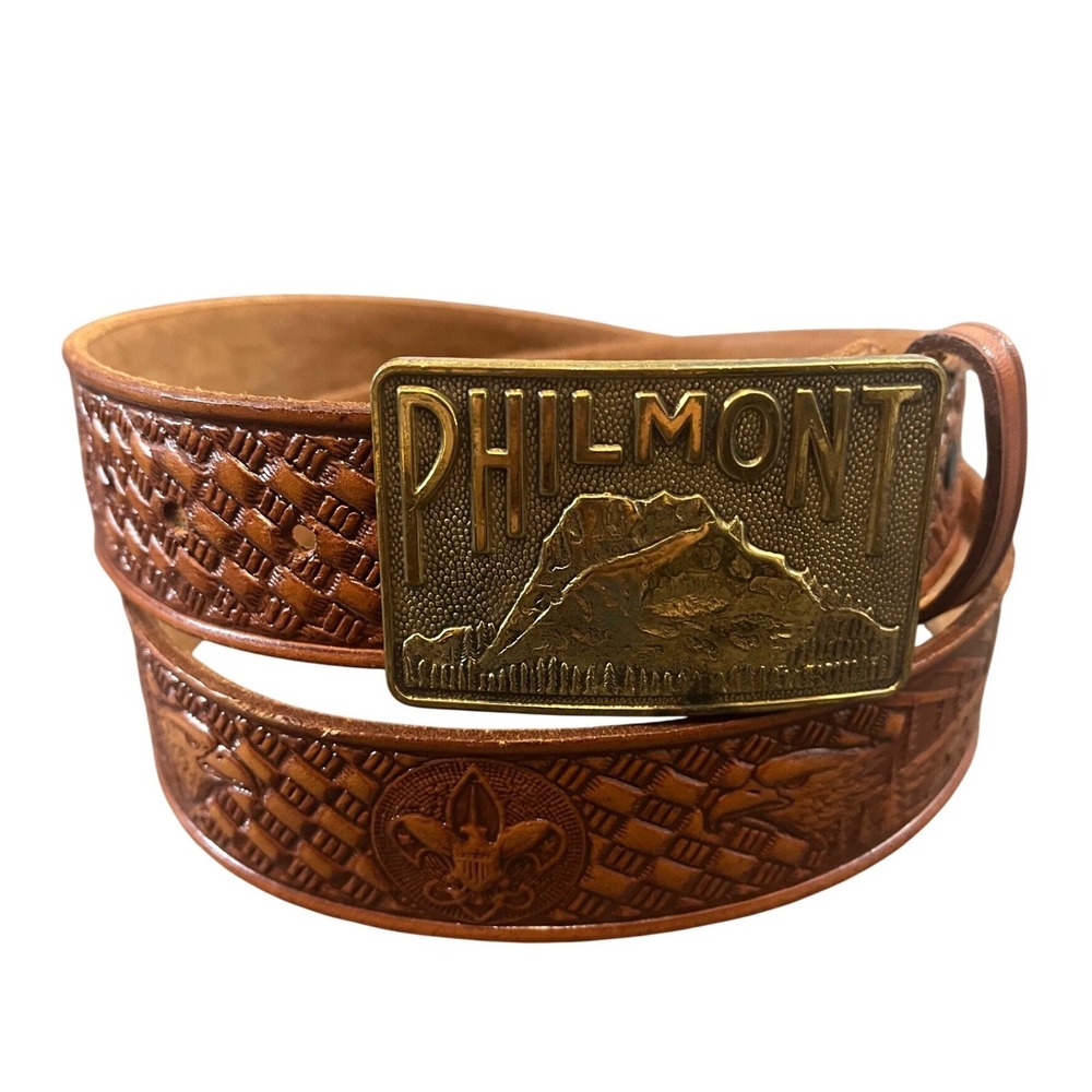 Philmont Scout Ranch Belt Mens 38 Brown Tooled Leather BSA Buckle Eagle Mountain